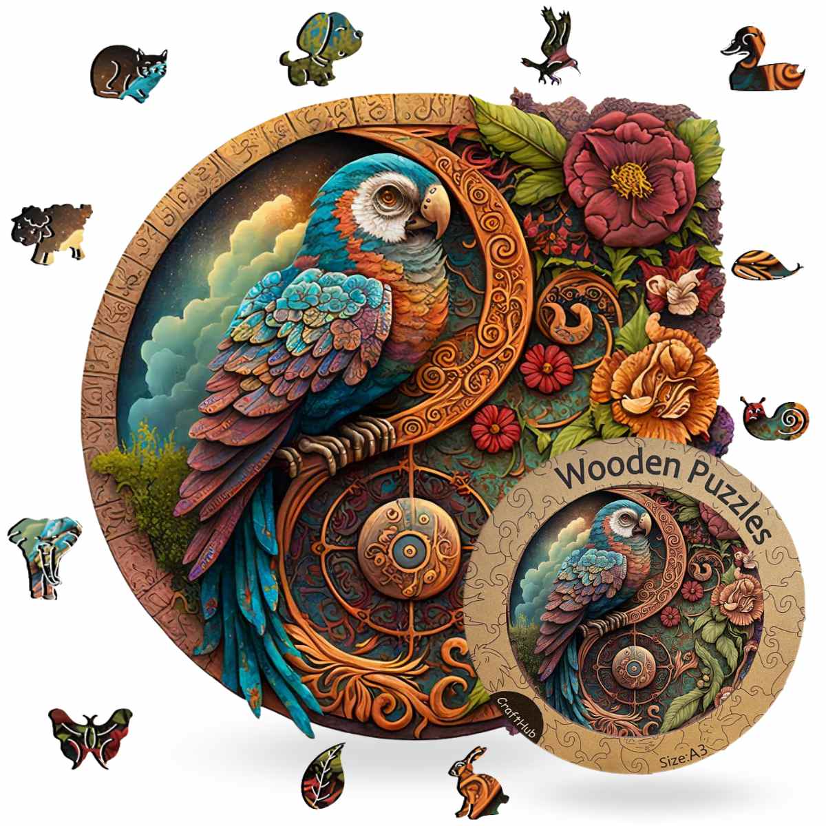  Parrot Yin Yang - Wooden Jigsaw Puzzle with Whimsy pieces by CraftHub