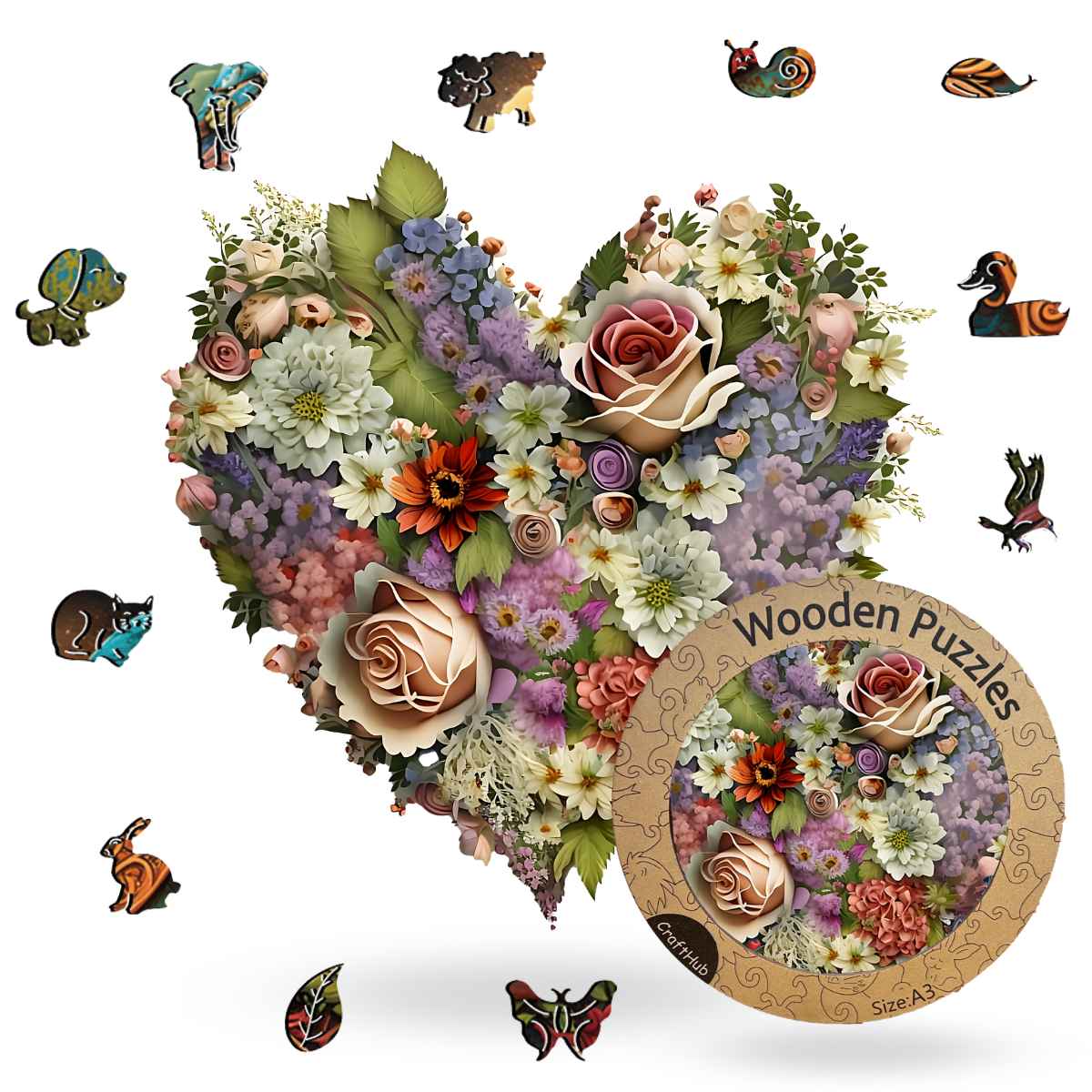 Blooming Heart - Wooden Jigsaw Puzzle with Whimsy pieces by CraftHub