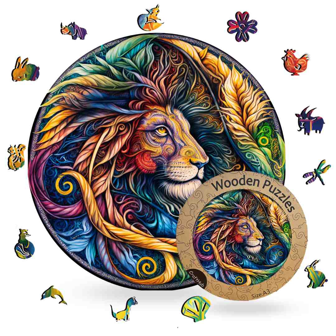 Fiery Lion - Wooden Jigsaw Puzzle with Whimsy pieces by CraftHub