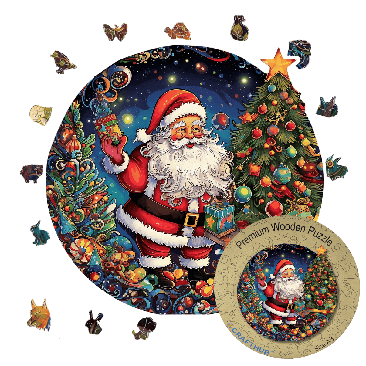 Santa - Wooden Jigsaw Puzzle with Whimsy pieces by CraftHub