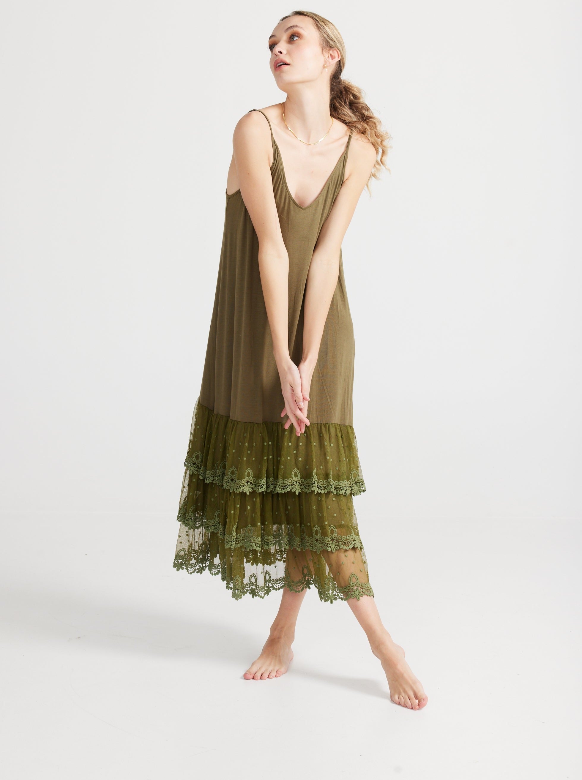 Evangeline Olive lace slip/dress by Miss Rose Sister Violet