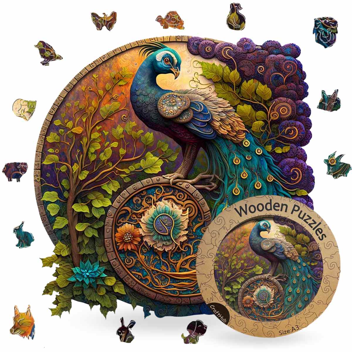Peacock Yin Yang - Wooden Jigsaw Puzzle with Whimsy pieces by CraftHub