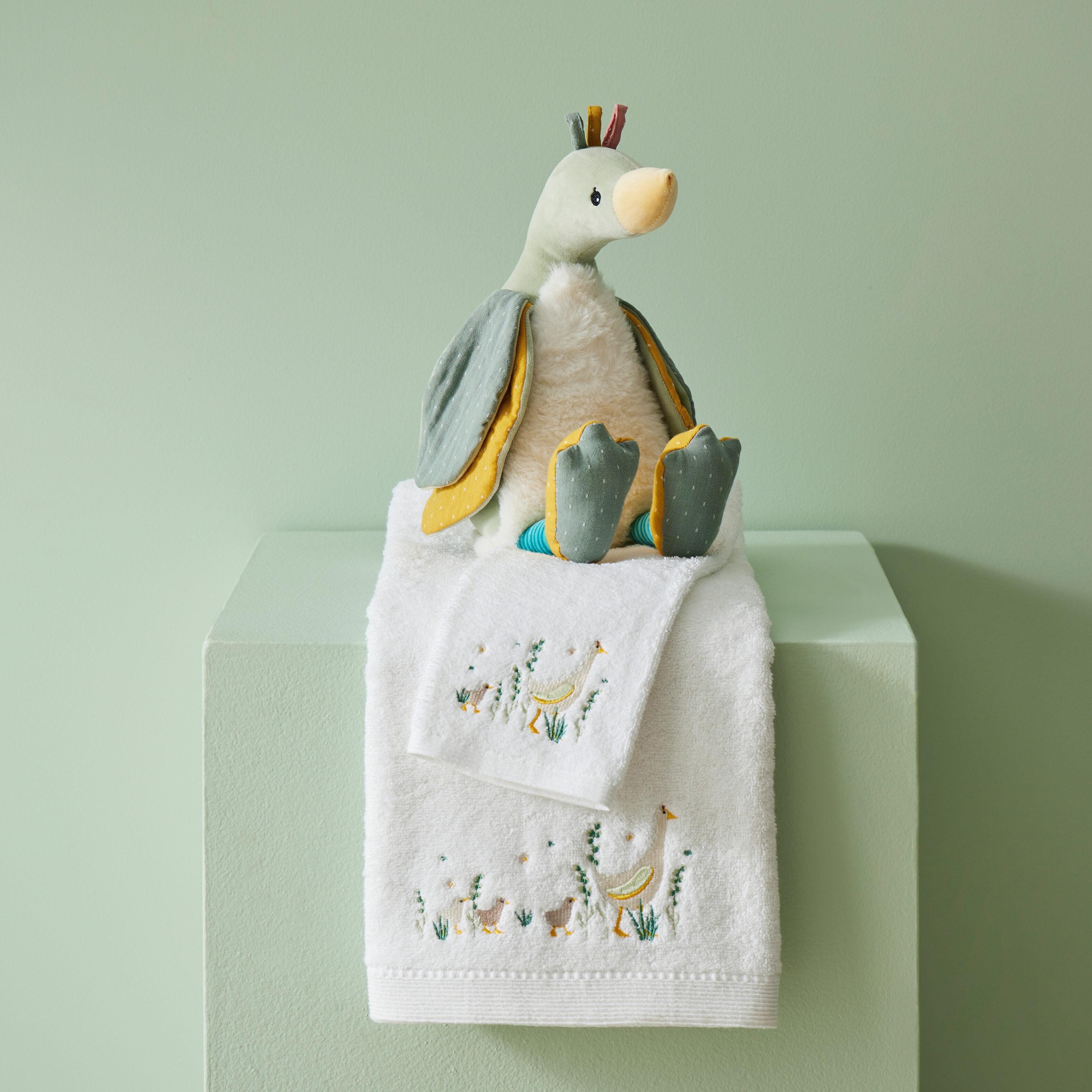 Paddling ducks  embroidered Baby Bath towel & washer in Organza Bag by Pilbeam