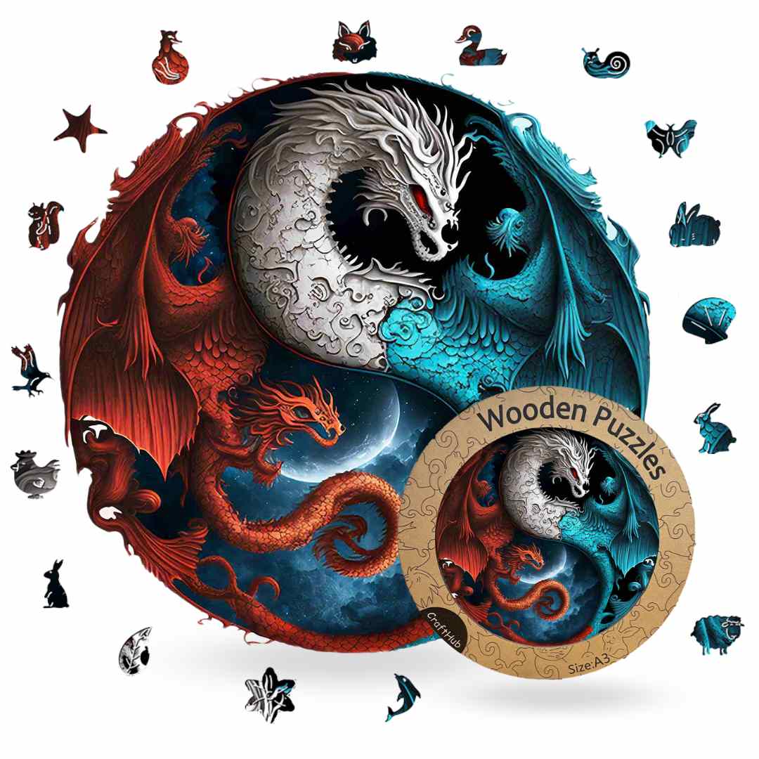 Vibrant Dragon Yin Yang - Wooden Jigsaw Puzzle with Whimsy pieces by CraftHub