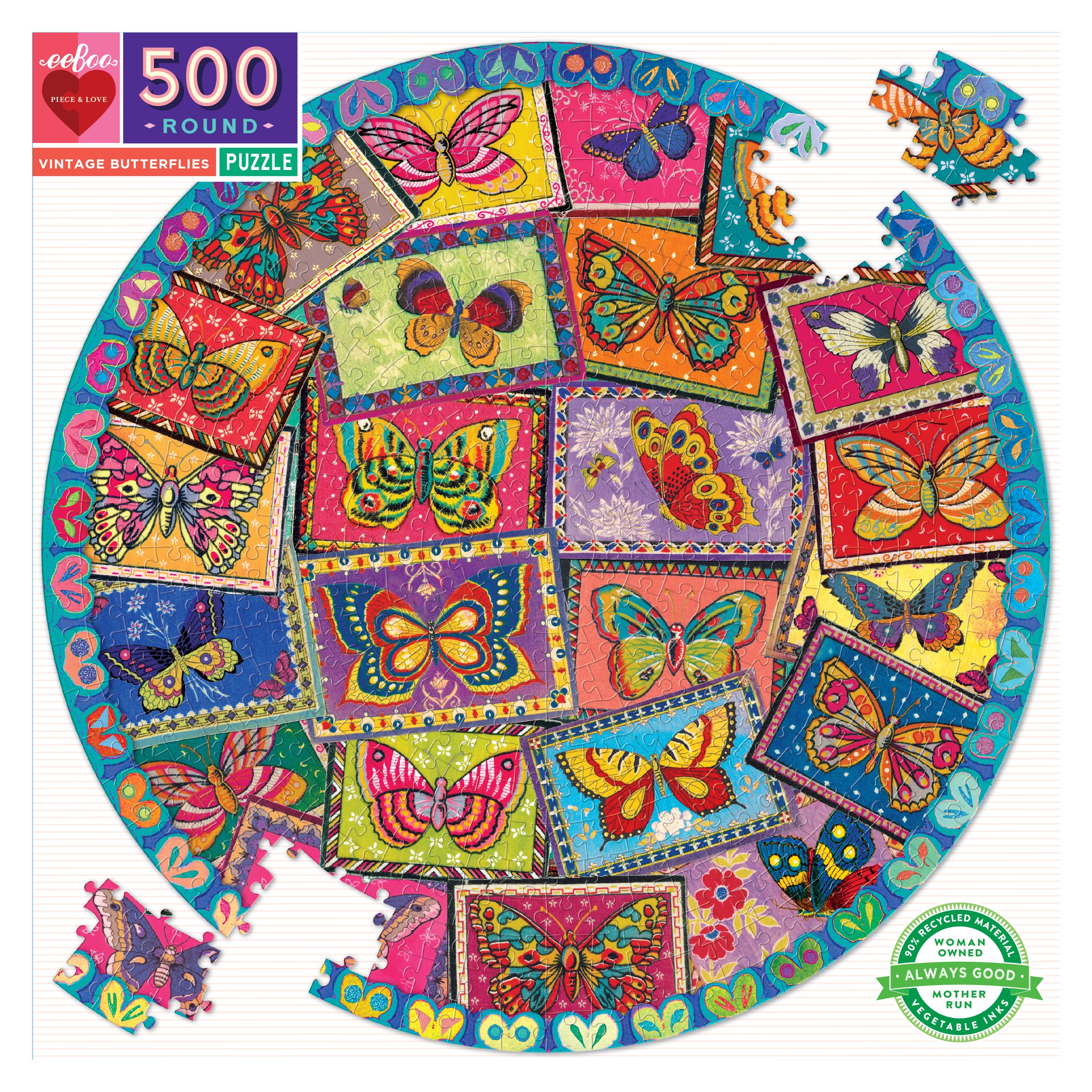 Vintage Butterflies 500 Piece Round Jigsaw Puzzle by eeboo