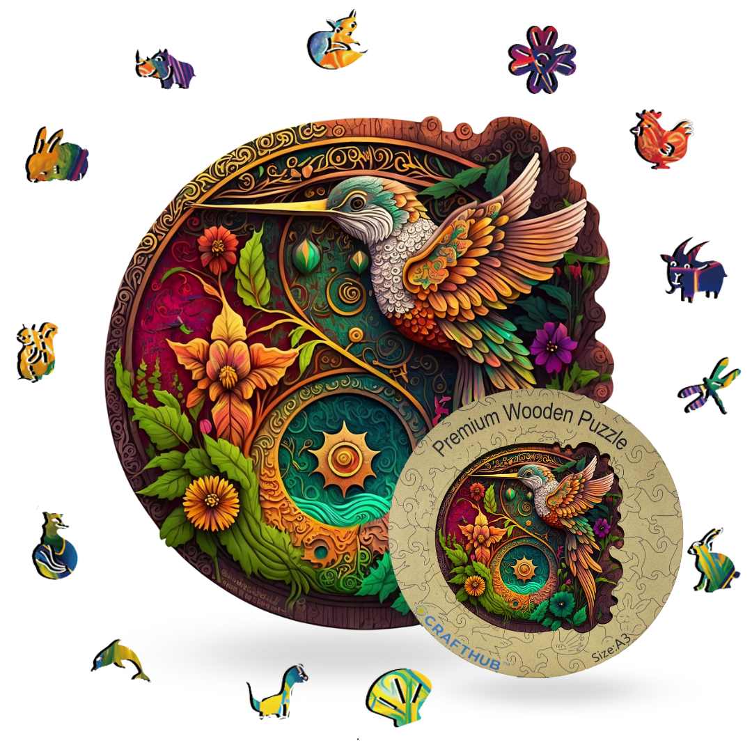 Nectar Quest Humming Bird Yin Yang - Wooden Jigsaw Puzzle with Whimsy pieces by CraftHub